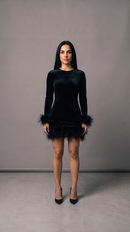 Vestido de plumas de manga larga